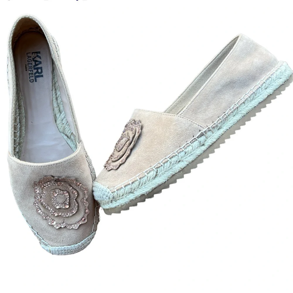 Karl Lagerfeld🛍Neutral Khaki Canvas Espadrilles Sequin Floral Detail🛍EUC - Picture 2 of 9